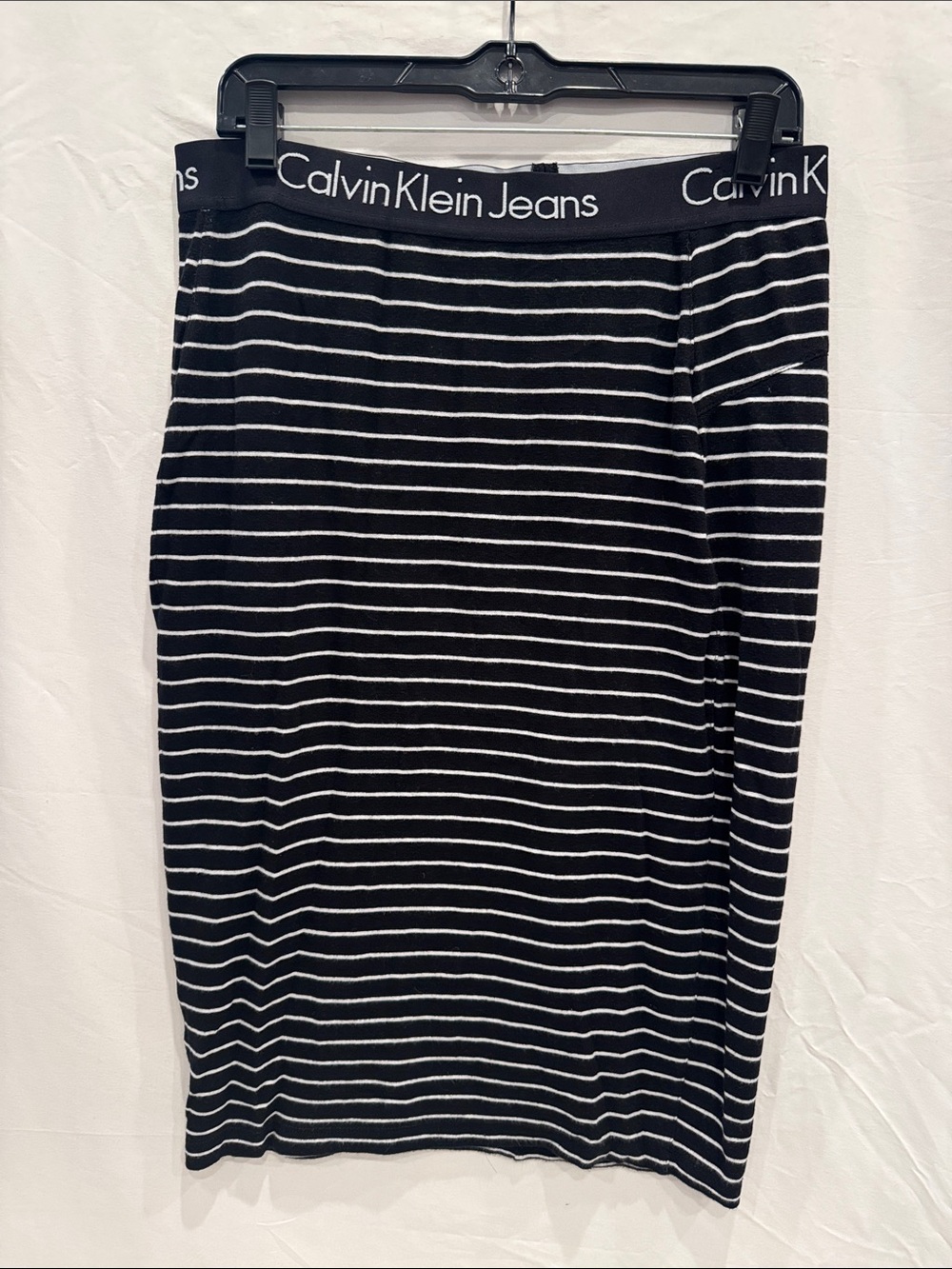 Y2K Calvin Klein Jeans Black and White Striped Pencil Skirt L Cotton/Modal Blend